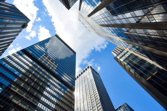 Street level shot of corporate buildings in Midtown Manhattan, New York City